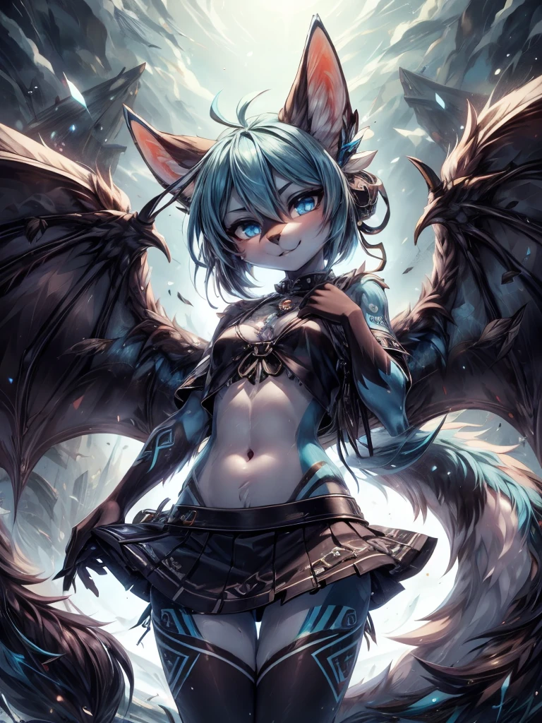Aqua vixen, 1 teen girl furry antropomorfa add high definition_detail:1, blue fur,kitsune ears, tribal tattoo add_detail:1, in hell add_detail, barefoot, the same, giant black feather wings add_detail:1 ,alas hermosas la mejor calidad y detail en las flumas, blue saturation light, angewomon costume