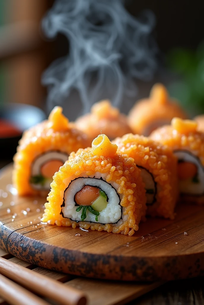 a crispy fried sushi, detailed sushi rolls, steam rising, delicious food, shiny oil, crispy panko, golden brown, intricate sushi plating, chopsticks, wooden table, natural lighting, appetizing, high quality, photorealistic, 8k, hyper detailed