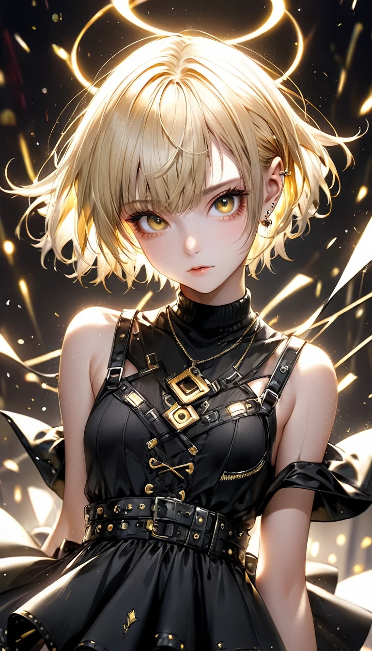 kawaii, cute boyish girl with very short messy boyish blonde hair, gold piercing gaze, glamorous proportions, wearing black slingshot-dress, background wide variety punks, (ultra detailed, absolutely resolution, best quality:1.3), 2.5D, delicate and dynamic effects, lighting effects, artistic, hyper, graphic CG digital art