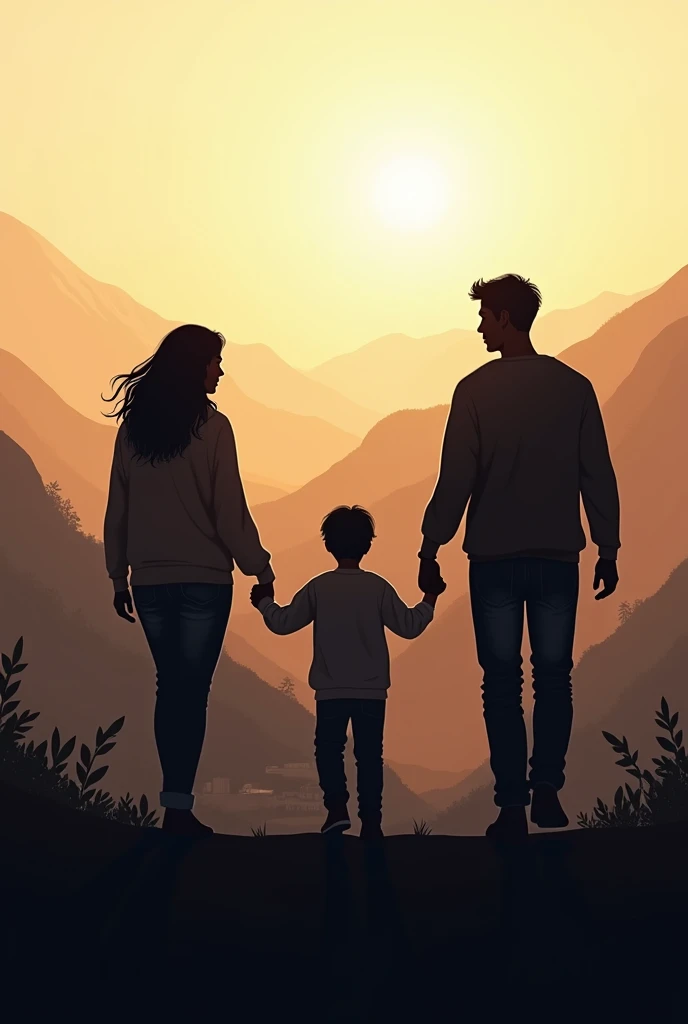 silhouette, of a mother with long, loose hair and dark skin, medium build, padre de medium build e hijo adolescente, the three dressed in jeans and sweatshirts, walking hand in hand, at noon, on top of the mountain looking at the small town