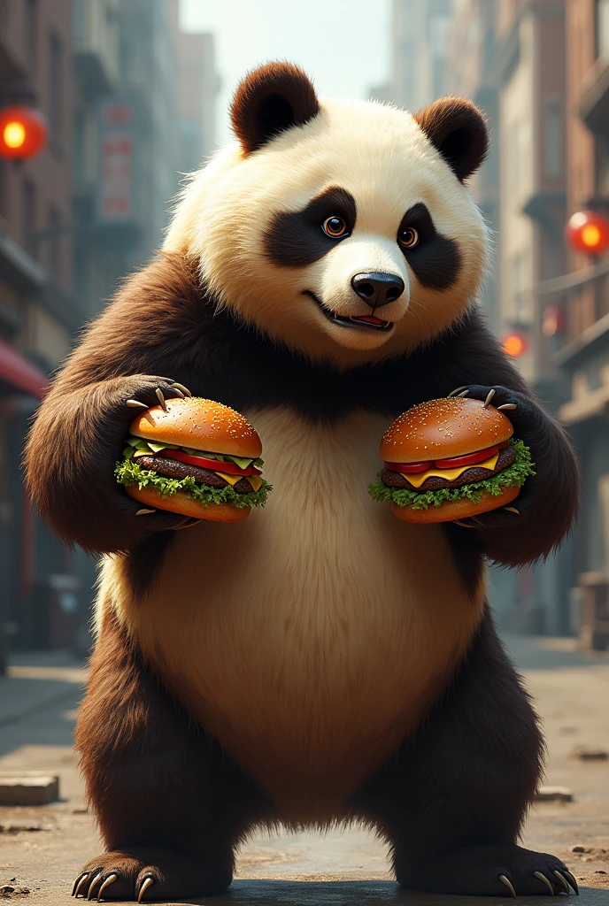 Create a realistic logo with the word "panting" ,that has the fusion of an urban panda and a brown bear eating hamburgers 