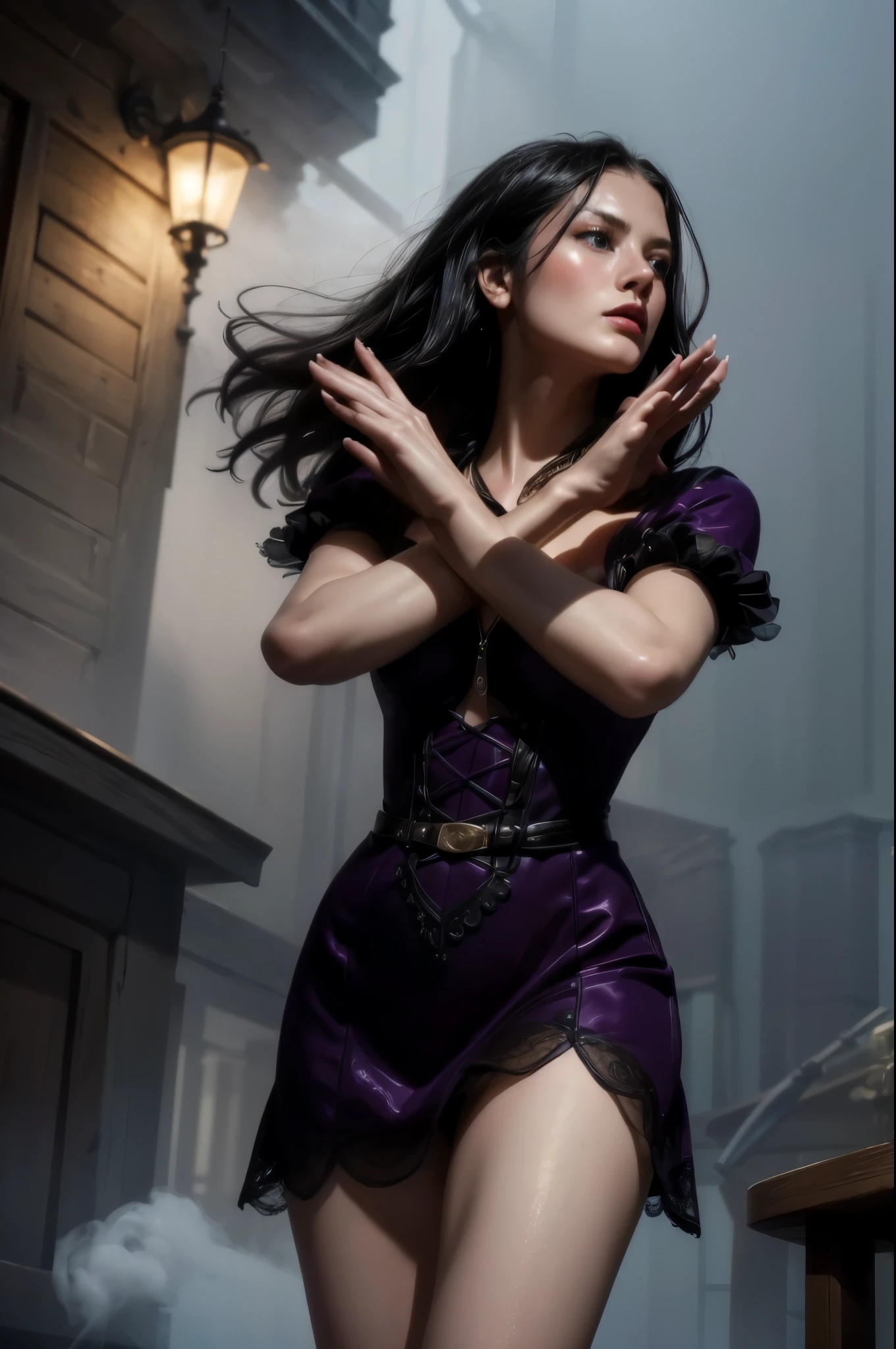 masterpiece, best quality, extremely detailed, hyperrealistic:1.1, photorealistic, a beautiful 20s russian model, ultra detailed face:1.1, purple a-line dress, fishnet stockings, black hair, artistic jump:1.3, strenuous movements, from below, dynamic angle, nightmarish, mystical fog, smoke, rainy night, ghost, horror, x-arms:1.3, eye closed:1.3