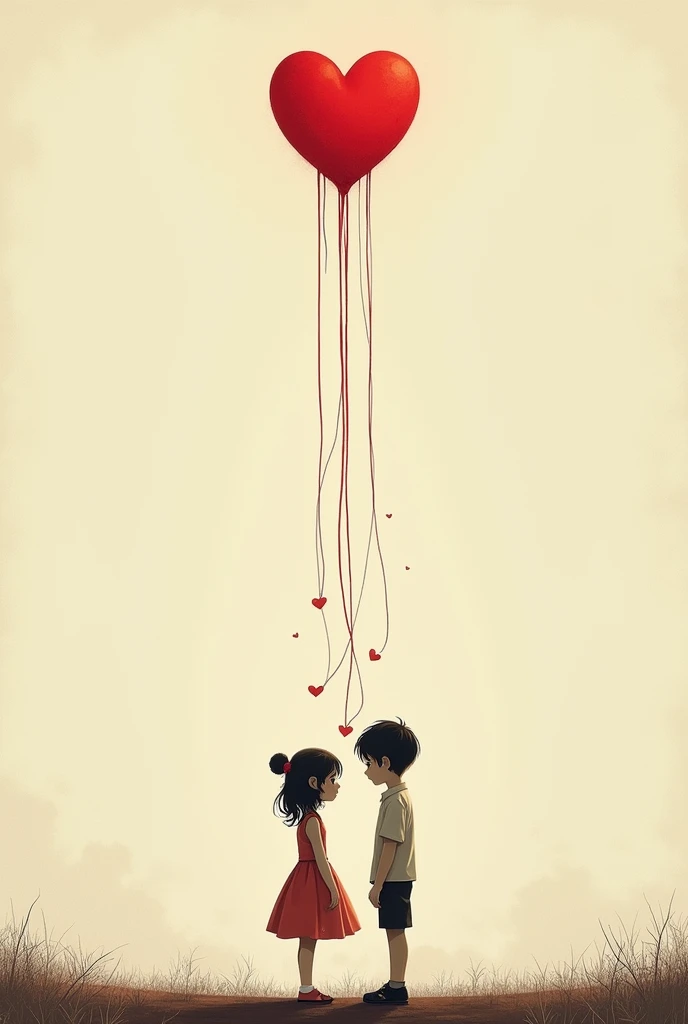 A boy and a girl with their backs to each other, above them there is a heart from which two red threads come out, which join the chichos