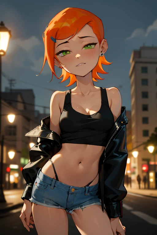 (Masterpiece), Best Quality, ultra-detailed, 1girl (Gwendolyn_Tennyson,  medium breasts, shiny skin, beautiful body, orange hair,  short hair, green eyes, half-closed  eyes), a  seductive face,  wicked smile, parted lips,  facing viewer, looking at viewer, solo, black  jacket, leather jacket,undress, bare  one 
shoulder,  white tank_top, cleavage, navel,  denim  short shorts, outdoors, nighttime, night street,  standing, Sexy waist teasing , a provocative pose, strip tease, pulling down shorts