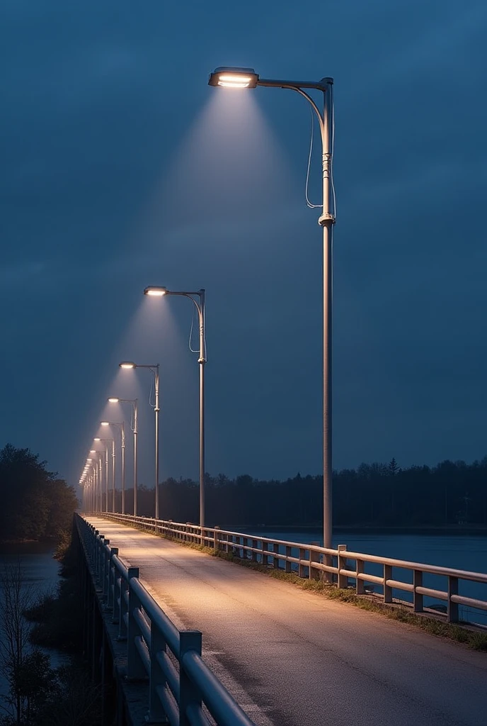 create several lighting poles with an off-grid system on them on a bridge