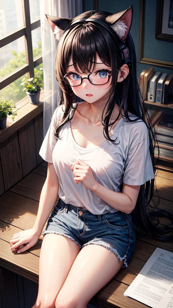 One girl, High resolution,High resolution, Shortcuts, Black Hair, chest, Cat ear headphones, Blushing, Open your mouth, tears, saliva, awkward, I want to cry, Roll your eyes, Sitting on the floor、Wearing glasses、T-Shirts、Shorts、M-shaped legs、Roll your eyes、Roll your eyes、A room full of computers、Dimly lit room、Wavy Hair