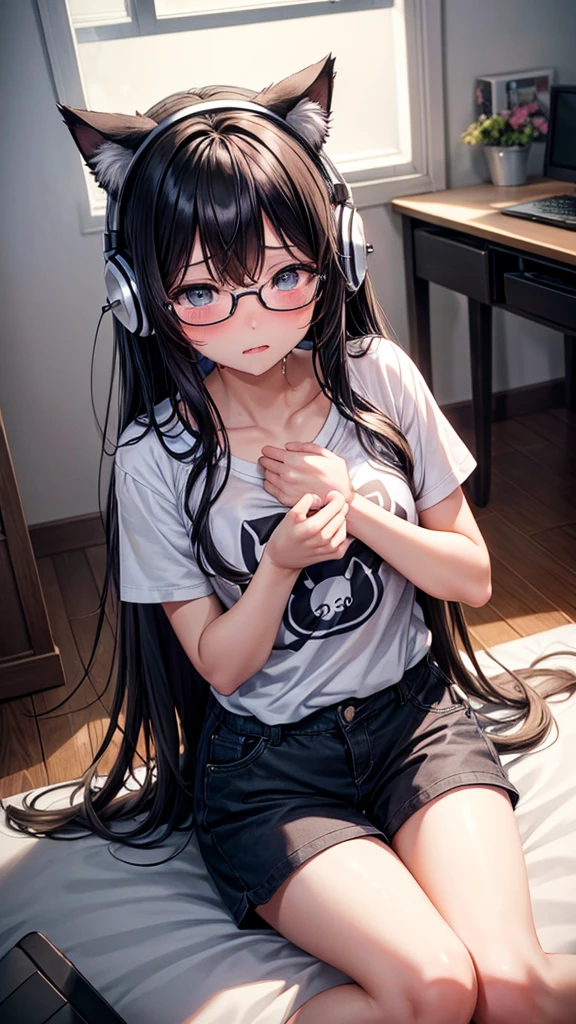 One girl, High resolution,High resolution, Shortcuts, Black Hair, chest, Cat ear headphones, Blushing, Open your mouth, tears, saliva, awkward, I want to cry, Roll your eyes, Sitting on the floor、Wearing glasses、T-Shirts、Shorts、M-shaped legs、Roll your eyes、Roll your eyes、A room full of computers、Dimly lit room、Wavy Hair