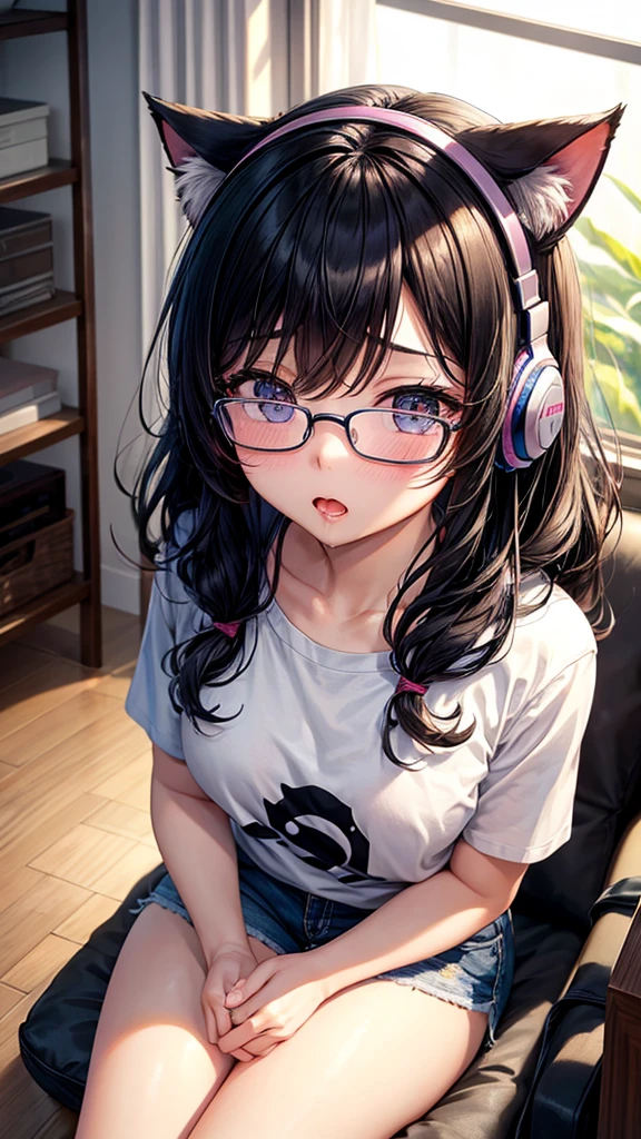 One girl, High resolution,High resolution, Shortcuts, Black Hair, chest, Cat ear headphones, Blushing, Open your mouth, tears, saliva, awkward, I want to cry, Roll your eyes, Sitting on the floor、Wearing glasses、T-Shirts、Shorts、M-shaped legs、Roll your eyes、Roll your eyes、A room full of computers、Dimly lit room、Wavy Hair