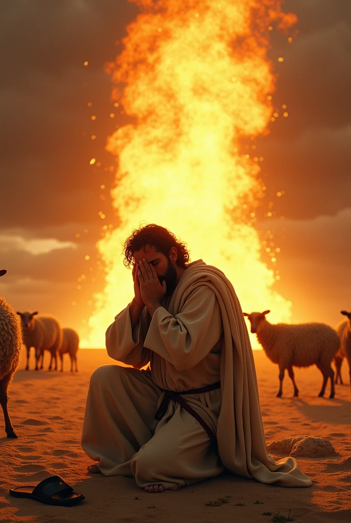Moses, a character from the Bible, a man in the desert, kneeling barefoot next to his sandals and his sheep, and he is covering his face out of fear because he is in front of a burning bush.