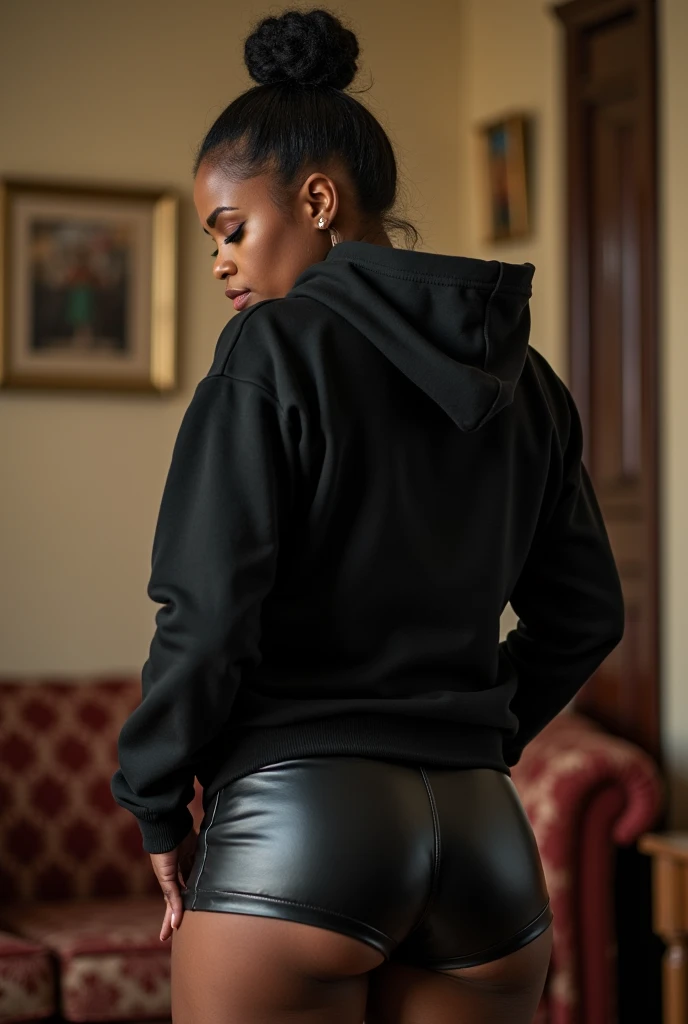 black woman hair in a bun black hoodie black leather short shorts being fucked in the ass by a old grandma in a dress