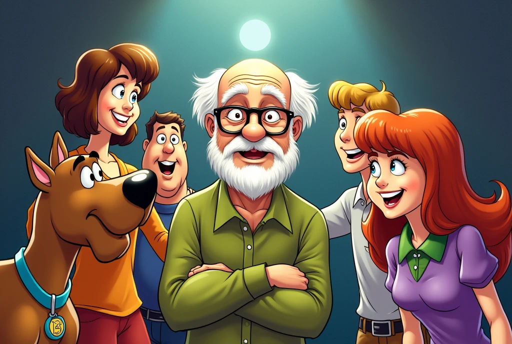 Fritz Perls, psychiatrist, a little chubby, bald with white hair only on the sides, white bearded, thick eyebrows, has some wrinkles. drawing version (in drawing style/animation "scooby doo"). He&#39;s with the Scooby Doo gang (1.scooby, The dog; 2.velma, a woman who has short, dark hair, use your eyes, orange blouse and red skirt; 3.sausage, skinny man, Red-Haired, wears a green shirt with brown pants and is a little hunchbacked; 4.fred, Tall man, blond and slightly muscular, wears a blue and white shirt and blue denim pants; and 5.daphne, beautfull woman, slender, redheadwear, who wears purple dresses with a green scarf). fritz perls is in the middle and everyone is smiling