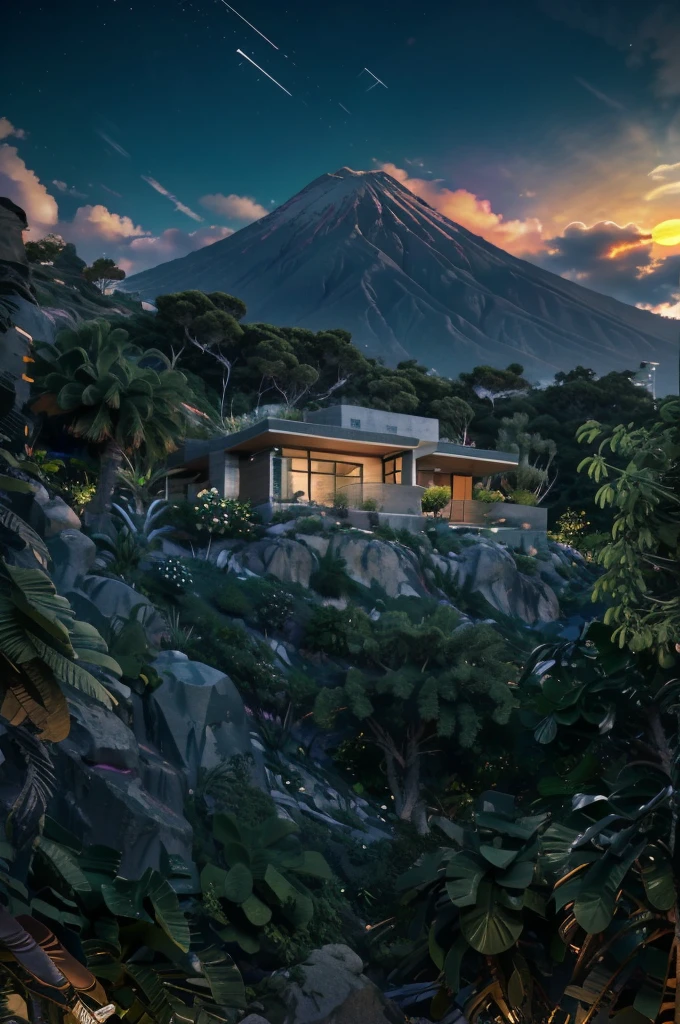 small and beautiful modern house in top of big boulders, terraces, pool, stairs, multiple cacti gardens, palms, trees, rocks, beautiful landscape design, mountains and volcano y background, amazing clouds, sun, moon, planets, milky way galaxy, concrete, wood, glass and steel materials, olive green, violet, orange and withe colors in facade
