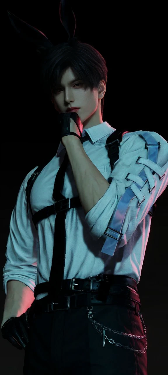 male handsome, high resolution 8k, adult, 2, perfect face, detailed face, muscular, black eyebrows, black eyelas, Detailed face, perfect face, real skin texture, detail Perfect hand, details, Real and complete hand details, unreal engine, hd picture, short hair, green to orange eyes, eye details, white skin, Zayne, love and deep space