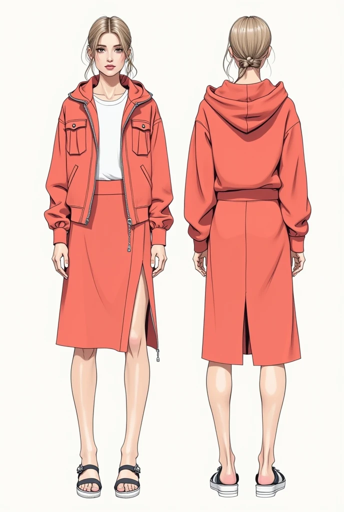 Make a detailed sketch that looks like it is hand drawn showing the front and back of an outfit with the following characteristics: Jacket: Design a short jacket with the following characteristics: Hooded sweatshirt: The jacket should include a hood to give it a relaxed and comfortable style.. Stretchy barbie screen: Use this soft material, fluid and breathable which is key to the theme of the collection. Details of striped backstrap loom: Add details made by artisans from Tolimán, Querétaro, to incorporate an artisanal and cultural touch. Skirt: Design a midi skirt with the following characteristics: side slits: It incorporates openings on the sides to add dynamism and movement to the garment.. High crossed waistband: The waistband should be high and crossed to provide greater compression and stylize the figure.. Color coral: Make sure the skirt is in a coral shade that follows the spring-summer 2025 trends. Combination: Make sure the coral jacket and skirt complement each other., and that the handcrafted details on the jacket blend harmoniously with the modern design of the skirt.. A drawing of the front and another of the back.