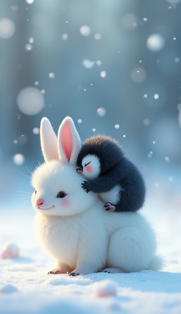 There is snow all around and a lot of snow is falling. A little penguin baby which is very innocent. The penguin is very small. There is a rabbit which is very small but bigger than the penguin. The rabbit is white in colour. The rabbit's hair is like feathers. The rabbit has small ears. The rabbit is walking while keeping the penguin on its back and the penguin is sleeping on the rabbit's back.image in 3d style 