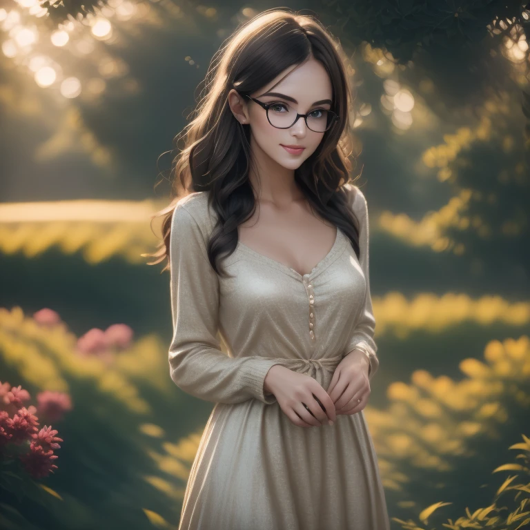 Wear glasses,Gold frame round glasses, Wavy Hair、Very cute face、Long Hair、Long Hair、Soft Light,Sparkling eyes,Purple eyes、Captivating beauty、Attractive adult woman、Beautiful woman、Ultra-high resolution, Realistic,The background is the garden party venue.、Dress up