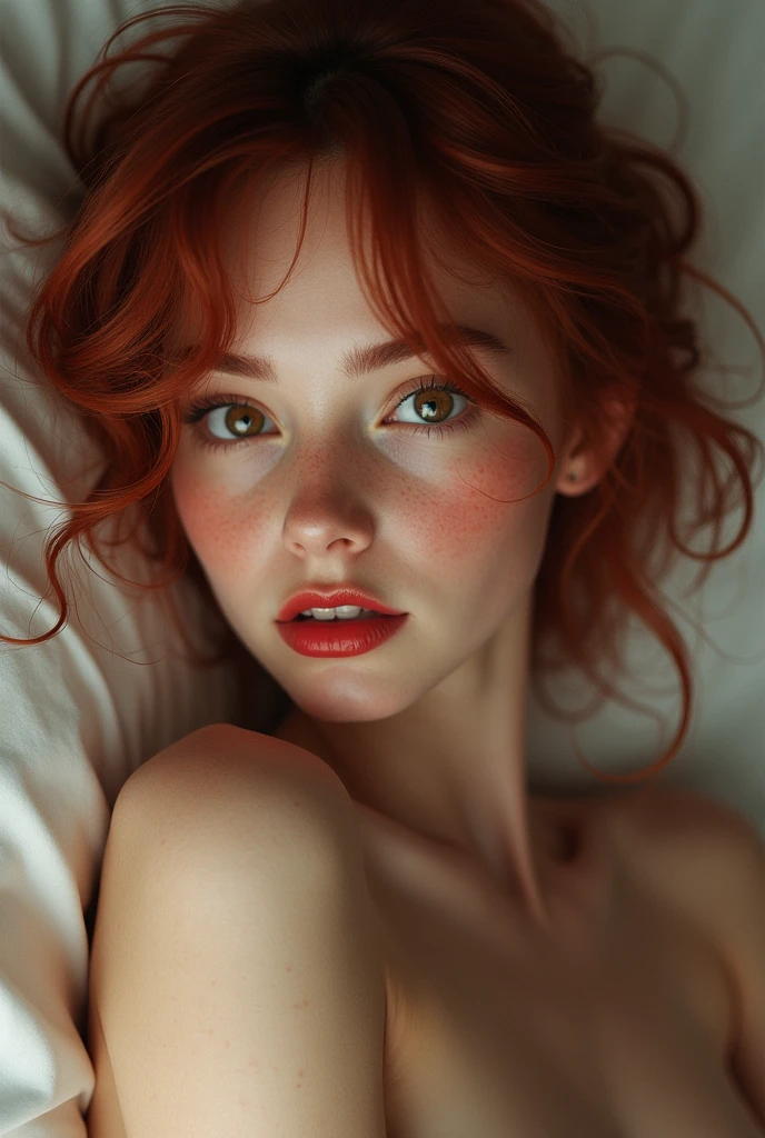 Generate image of young woman full body without clothes, on your back looking back, you can see his whole body:
- Skin color: very light white and freckled - Hair type: short and wavy with a length down to her jaw - Hair color: dark red - Face shape: Oval - Eyes: good girl big ones - Boca: Very red medium lips - Body: Slim and fit with small, perky breasts - Body type: very thin
