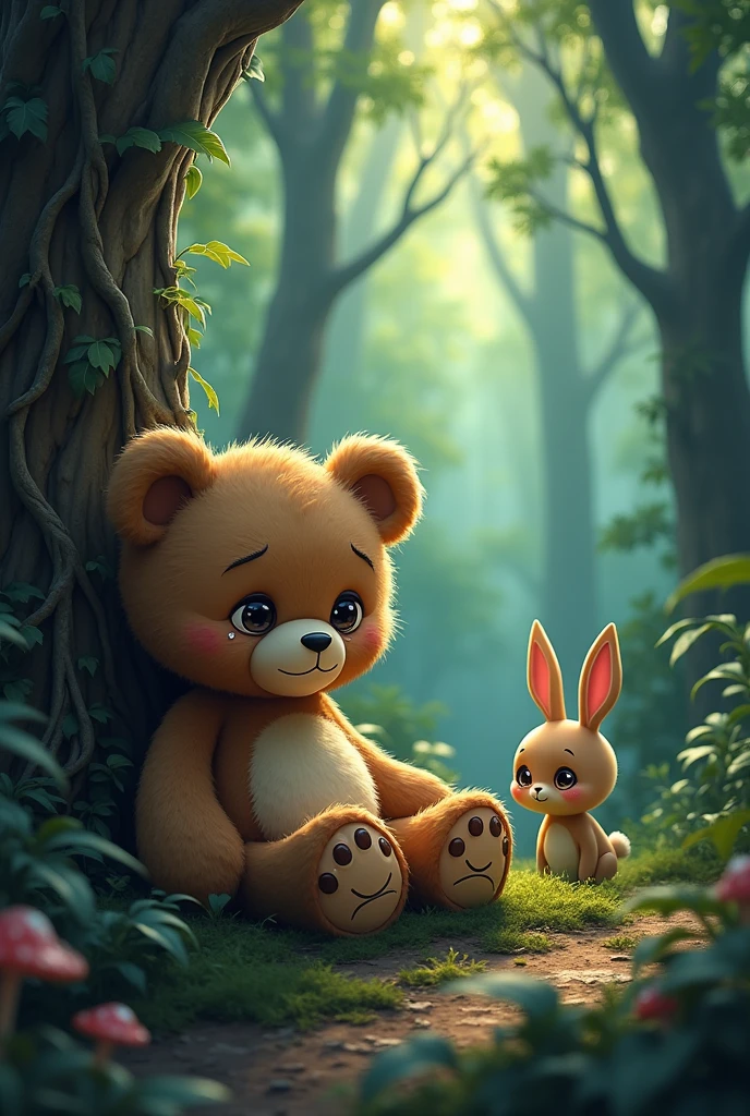 Create an image of a crying teddy bear lost in the forest and a cartoon rabbit