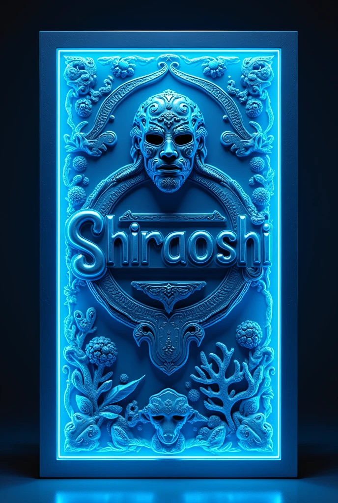 Decorate a rectangle with a wrestling theme, In the center it says shiraoshi and the surroundings are decorated reflecting that the fighter is a mermaid with a wrestling mask, do something unique and creative, but also reflecting Mexican culture, preferably using blue tone, the edge of the structure with blue led light, It's for a streaming show, handmade, something simple but beautiful