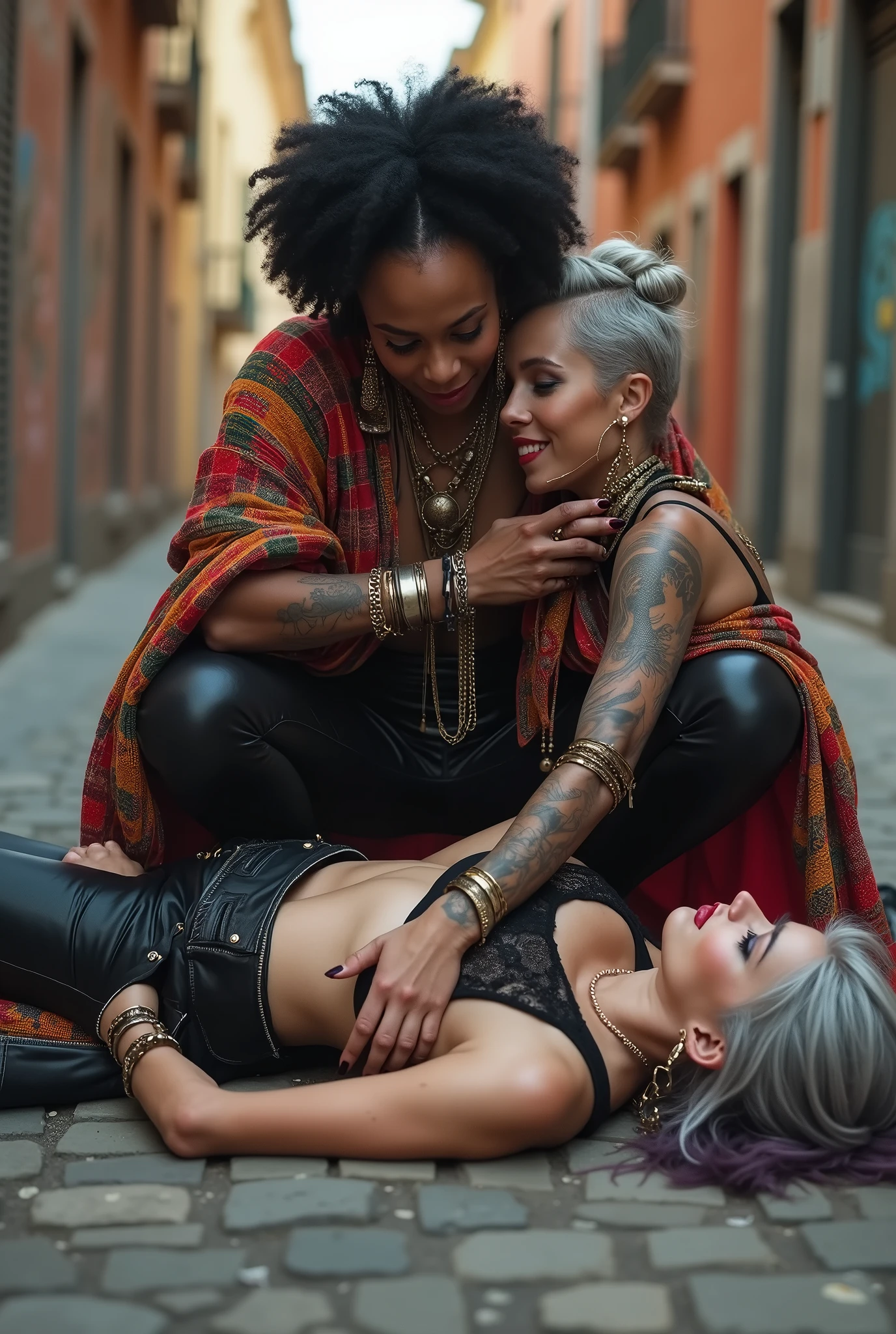 Three russian old milf women: the strong, muscular , dominant dark skinned gipsy woman (black afro, long african traditional colourful tunic, barefoot), squatting with possessive stance (arms around her two girlfriends' necks). At her feet, lying on the ground,her two caucasian girlfriends groping and kissing each other, weak, light grey hair, submissive and needy, feeling defeated and needy, in laid back postures with hands touching their thongs or their necks or chest, looking at each other with open mouths, arched back, different clothes but all wearing clothes in rock chic style. grey hair (bouffant, top bun, shaved sides). Big lips. Black lace push up bras, silicone breasts,, low rise skinny leather jeans. Both Barefoot.. Lots of thick wide studded bracelets, chain necklaces and big rings,. Long earrings with chains and feathers. Chains around their hips. Lounging lazily on the ground with bended knees, separated legs and arched backs. Lazy, leaning back, laid back pose, separated legs. Neck tattoed, chest tattoed, stomach tattoed, feet, hands, arms and wrists heavily tattoed. Toned abdominals, thin neck, slim legs and thin arms. Narrow hips. Both, open legs. Full body. At a Madrid narrow street with graffitied walls.