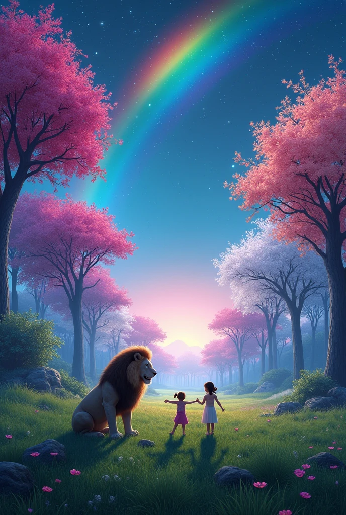 realism to the fullest, rainbow at night with black and starry sky, large green field with lion playing with children, pink trees, blue trees, white trees, Trees with shining fruits.