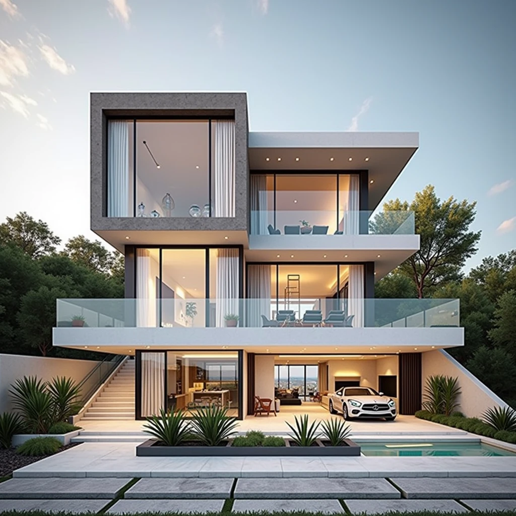 RAW photo,Masterpiece, high quality, best quality, realistic, super detailed, exterior, a modern style villa(Minimalist lines,Architecture: Using minimalist lines and shapes learn clearly.
Materials: Combination of glass, concrete, and natural wood.
Open space: The living room and kitchen are connected, using large glass doors to take advantage of natural light.
Outdoor area: Small swimming pool and green garden with native plants. modern:1.2),(white wall:1.1), glass railings, glass windows, trees, grass , ((sunset)), sky, vivid colors, (high detail :1.2), 8k uhd, dslr, soft light, high quality, film grain, Fujifilm XT3Negative advertising: (normal quality)