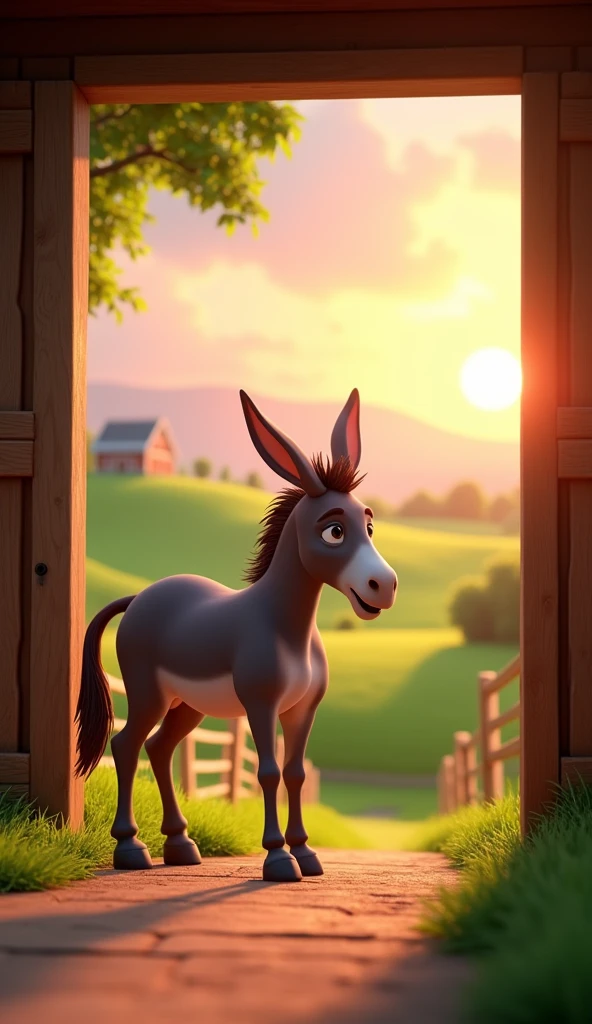 Draw a donkey leaving the stable heading into the field on a farm. The farm should be picturesque and detailed, with green fields and a sunrise sky with soft orange and pink tones, in a 3D animated style.