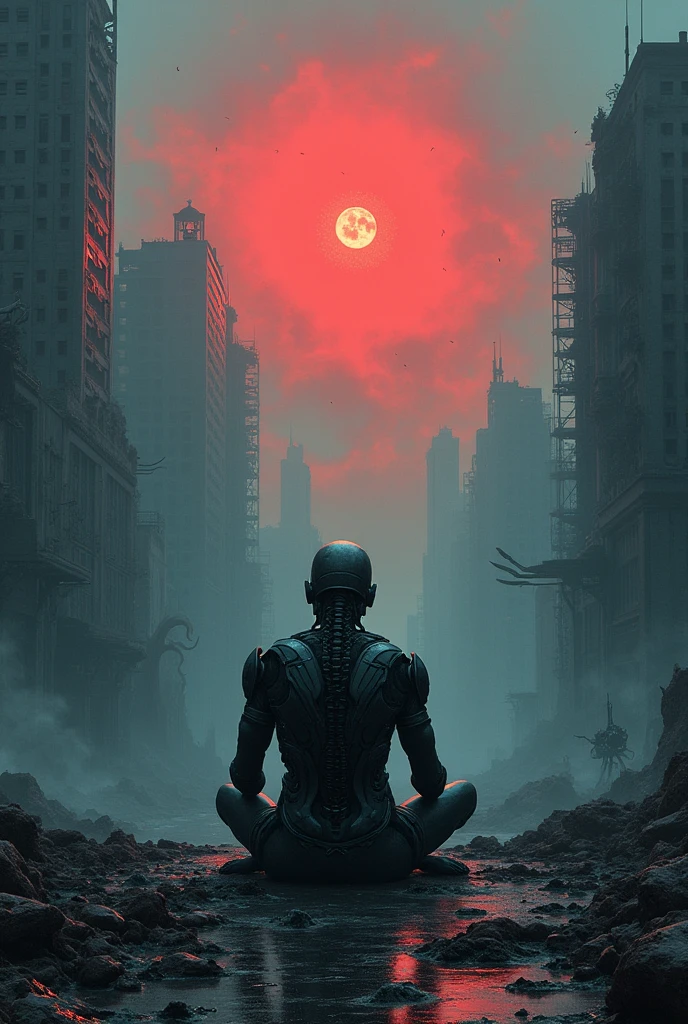 Human in single
cyborg in city with sky in red blue colour in sitting with destroy in demon death