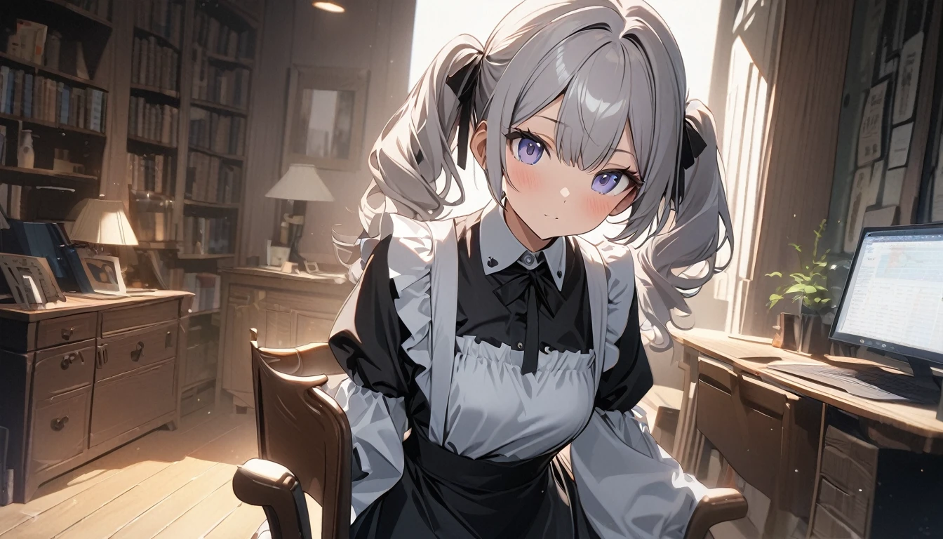 アニメ style,score up_9,score up_8,score up_7,source_アニメ,masterpiece,best quality,super fine illustration,super detailed,8k,maid,1 girl,18yo,独奏,cute,Twin tails,silver hair,BREAK she is seeing at viewer,BREAK she is sitting on chair,BREAK in the study ,detailed background,beautiful background,