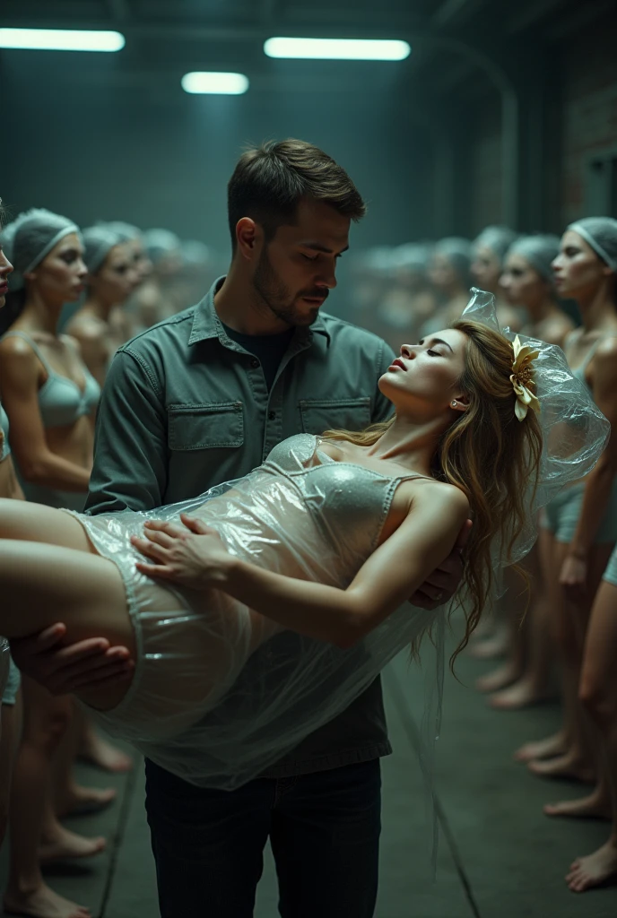 in a warehouse, A man is standing on the ground, carrying and lifting in his arms a beautiful young adult European blonde maid sexy and sleeping woman , Her body is wrapped in plastic and she has a gift bow on her head., The woman&#39;s body is stretched out and is on the ground, Full body view, Behind them are several beautiful European women in sexy lingerie standing in a row with their eyes closed covered with plastic, Excellent lighting, hyperrealistic quality image, high resolution