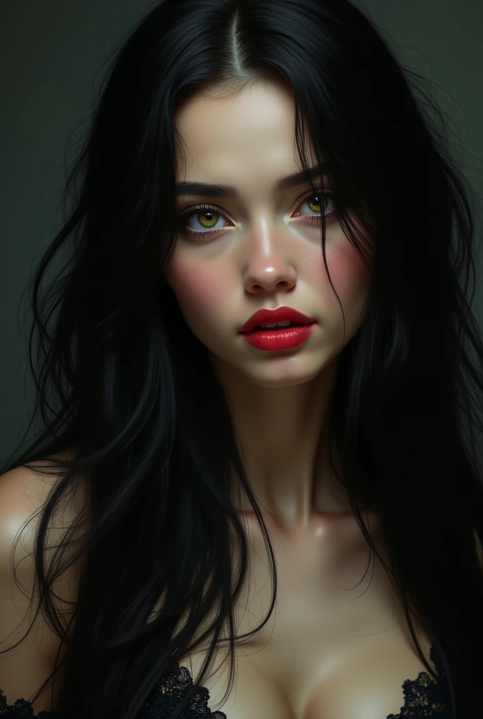 Young woman, long black hair, honey-colored eyes, red lips, your gaze is like that of a fallen angel, Your expression is sexy