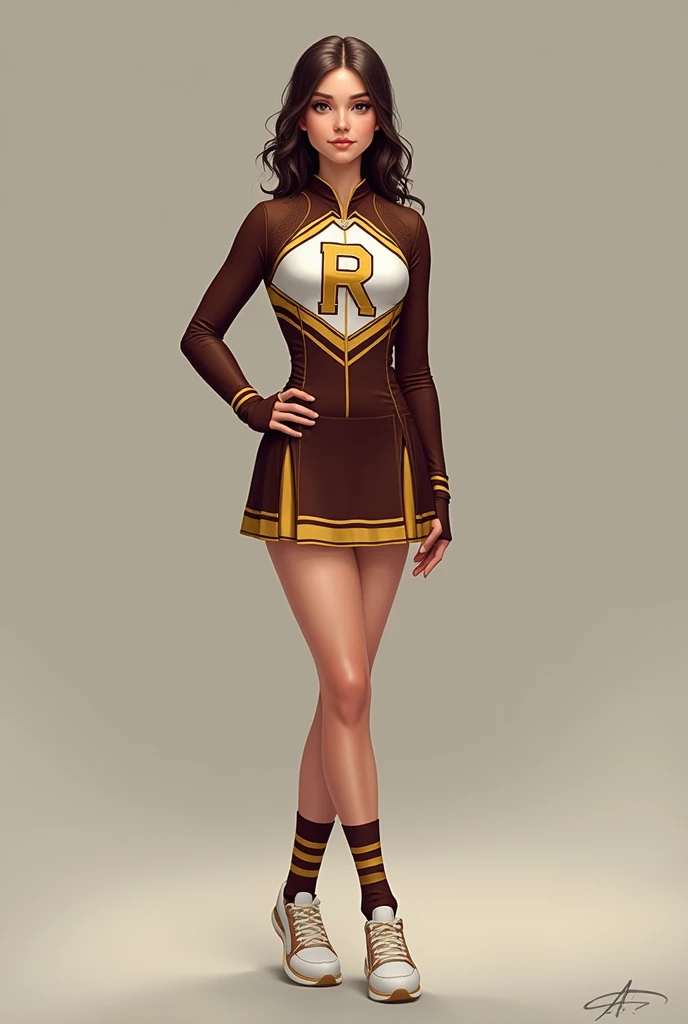 Make a cheerleader suit with brown ,gold and white colors longsleeve and not croptop with R symbol make it elegant and beautiful with white socks and gold and brown stripes on it
