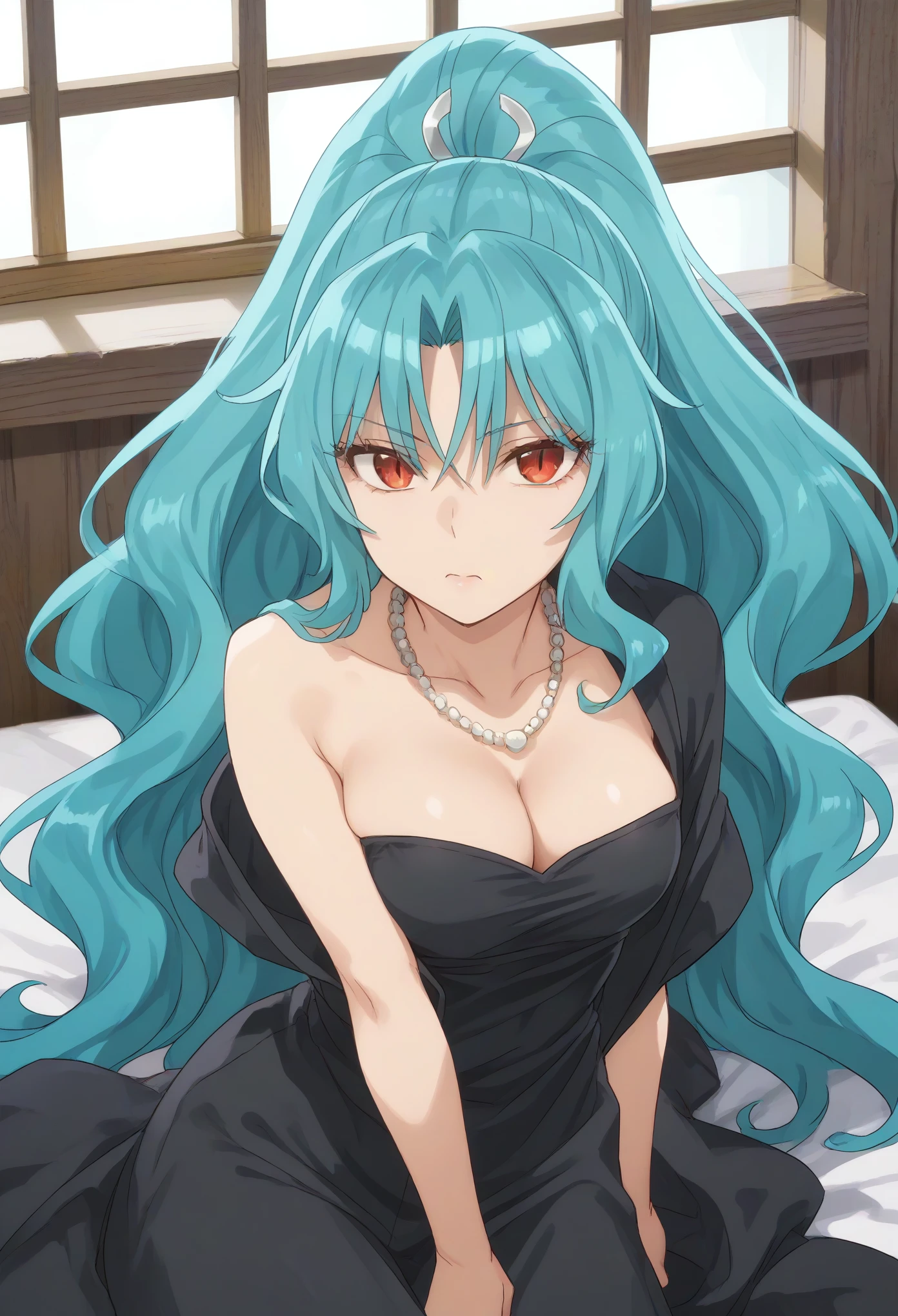 long hair aqua hair ponytail red eyes,slit pupils,medium breast, black dress, cleavage, necklaces
