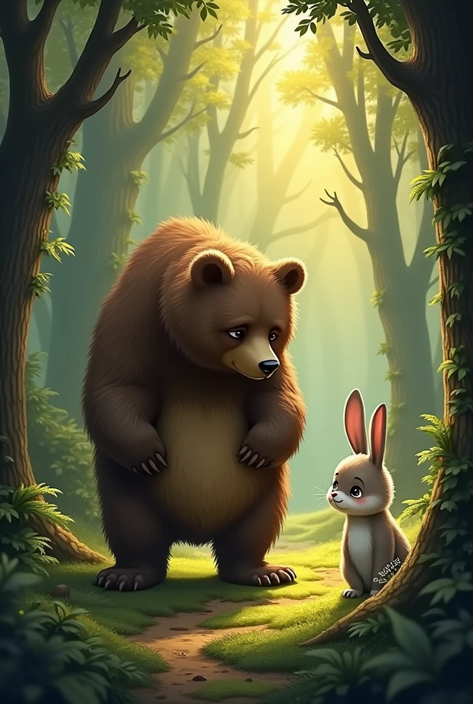 Create an image of a crying brown bear lost in the forest and a cartoon rabbit