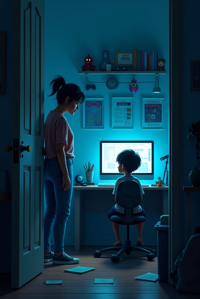Mother scolding her son from the door of the child's room, since the child is playing on the computer