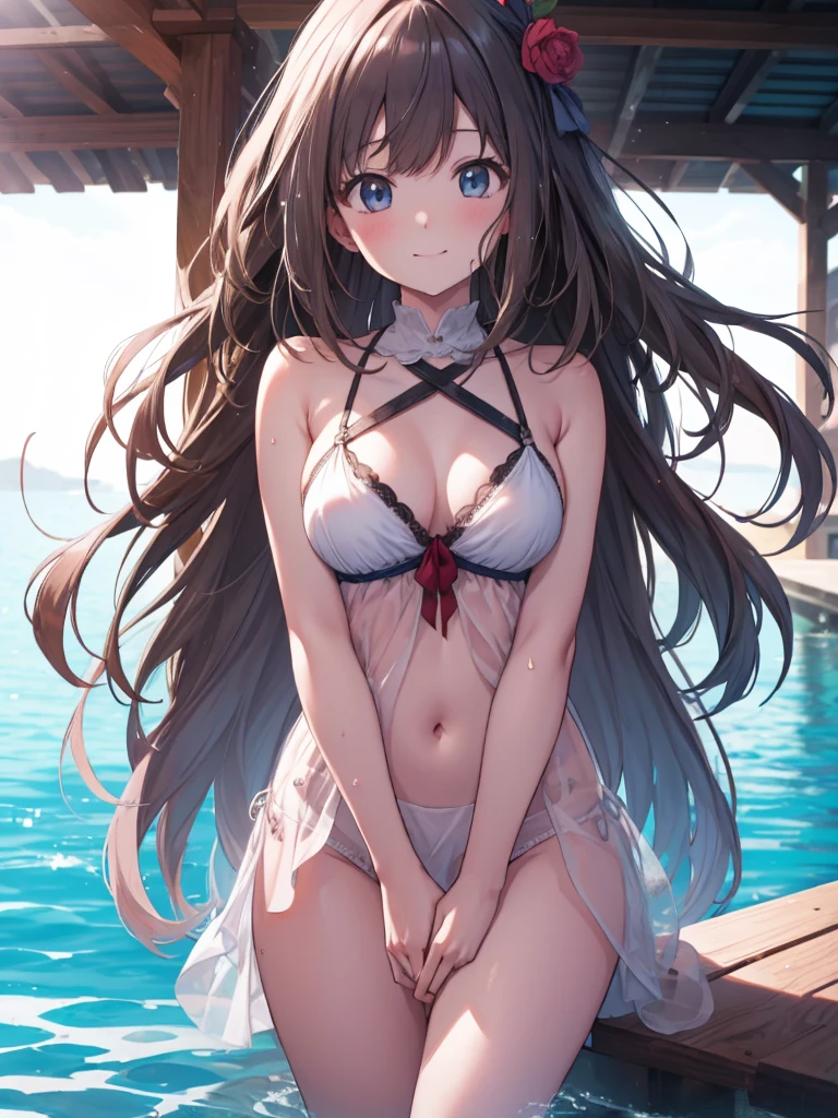 (masterpiece, highres, best quality, ultra detailed, detailed background, cinematic lighting:1.2), (beautiful detailed face, detailled eyes), pool, sunset, 1girl, long hair, white silver hair, straight hair, bangs, swept bangs, medium breasts, perky breasts, toned, red eyes, casual one-piece swimsuit, competition swimsuit, wet, wet hair, wet swimsuit, water drop, shiny skin, shiny lips, sexually suggestive, perfect body,fox ears,(( blush on)),lying on ,open air