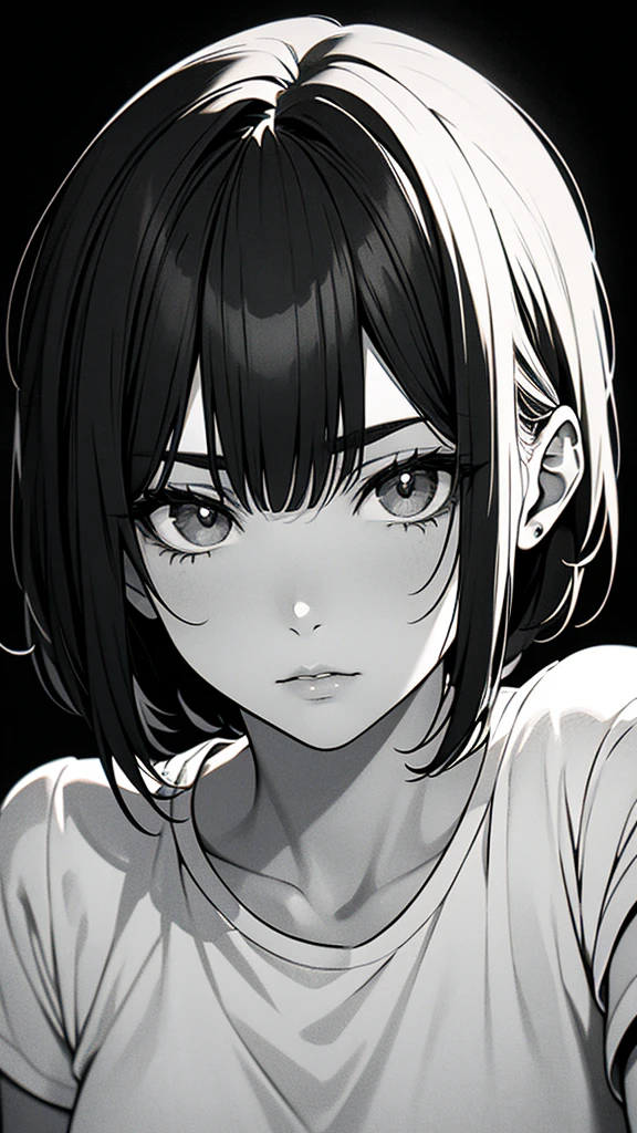 1 boyish girl, solo, sharp eyes, monochrome, greyscale, short black hair, portrait, white T-shirt, Thin eyebrows, closed mouth, looking at viewer, graphite \(medium\), detailed lips, hatching \(texture\), without makeup, bangs, upper body, (best illustration), (best quality), (very detailed), (masterpiece), expressionless,