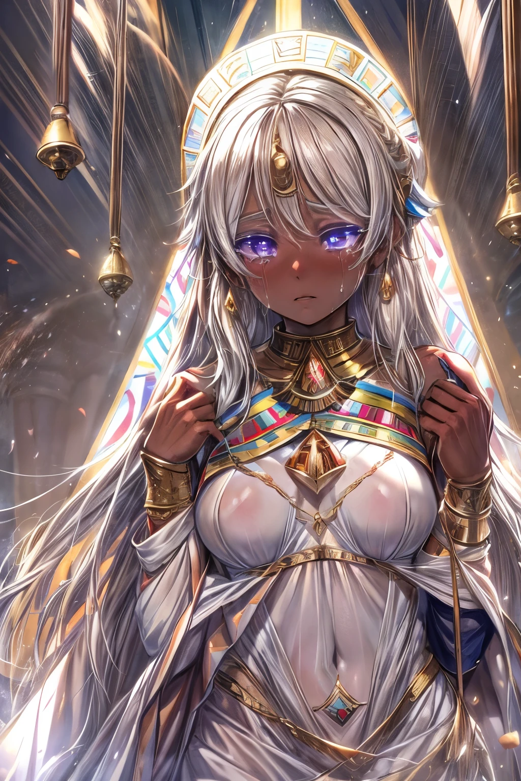 High resolution, masterpiece, Highest quality, Textured skin, Plump Skin, Glowing Skin, girl, Just One, Brown Skin, White Hair, White eyelashes, Small breasts, human, Royalty, Crescent-shaped earrings, Egyptian ornaments, Flying in the air, dress, armor, Rubber Suit, Low exposure, Sky, Are crying, Crying, sorrow, tears,