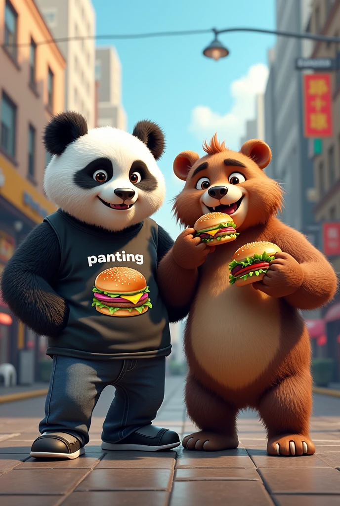 Create a realistic logo with the word "panting" ,that has an urban panda wearing a t-shirt and a brown bear eating hamburgers