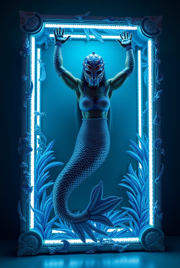 Decorate a rectangle with a wrestling theme, In the center it says shiraoshi and the surroundings are decorated reflecting that the fighter is a mermaid with a wrestling mask, do something unique and creative, but also reflecting Mexican culture, preferably using blue tone, the edge of the structure with led light,It's for a streaming show, handmade, something simple but beautiful