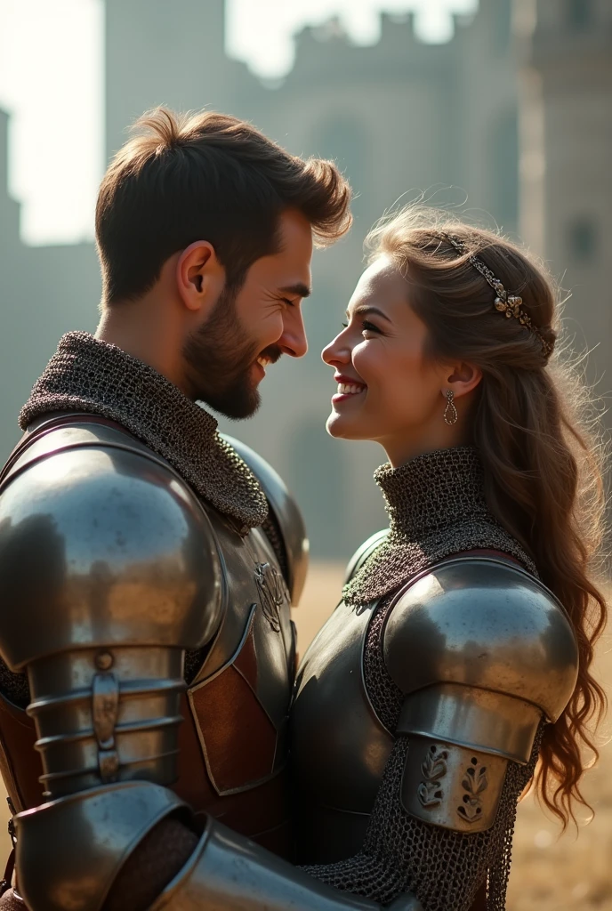 (((Medium shot))), couple, (a man and a woman), two individuals, outside the castle, jousting, playful, playful, sweet, happy, smile, armor, chain mail, armor, happy, pretty eyes, playful, surrealism, pov, romanticism, cinematic lighting, 8K, UHD, masterpiece, ccurate, anatomically correct, textured skin, high detail, high quality, high resolution, award-winning, best quality, 16K, bad body, bad hands, bad legs.