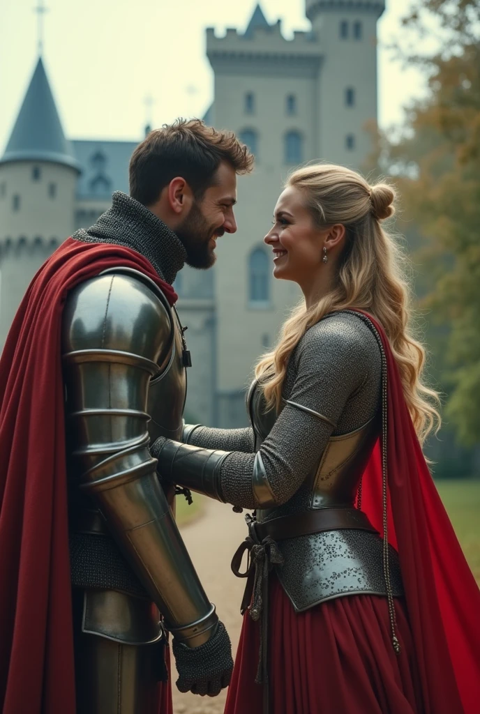 (((Medium shot))), couple, (a man and a woman), two individuals, outside the castle, jousting, playful, playful, sweet, happy, smile, armor, chain mail, armor, happy, pretty eyes, playful, surrealism, pov, romanticism, cinematic lighting, 8K, UHD, masterpiece, ccurate, anatomically correct, textured skin, high detail, high quality, high resolution, award-winning, best quality, 16K, bad body, bad hands, bad legs.