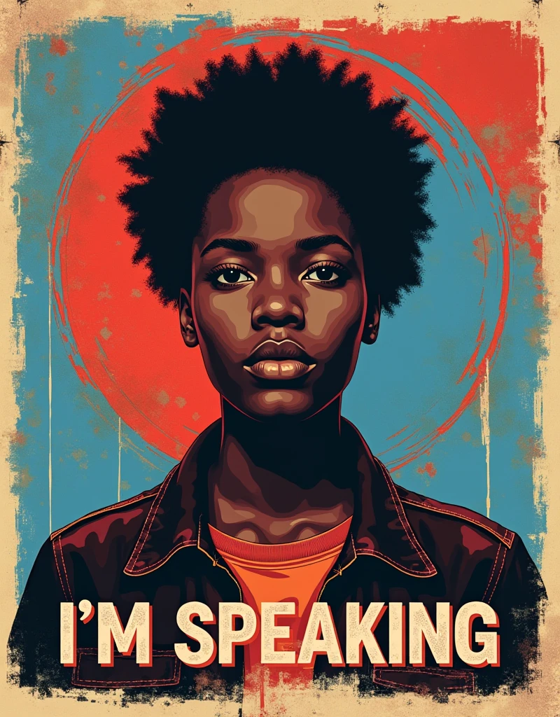 Hope for Tomorrow Poster
A striking pop-art portrait of a determined figure facing forward, with a powerful expression. The text below reads, "I'm Speaking" using a limited palette of vibrant red, blue, and beige, and incorporating a weathered texture for an impactful visual.