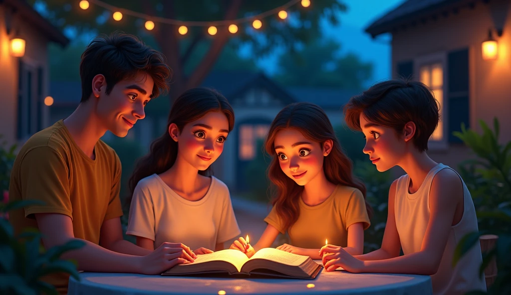 Young adults, reading the bible in the courtyard of a house, at night. And the Spirit of God enlightens them. Pixar style.