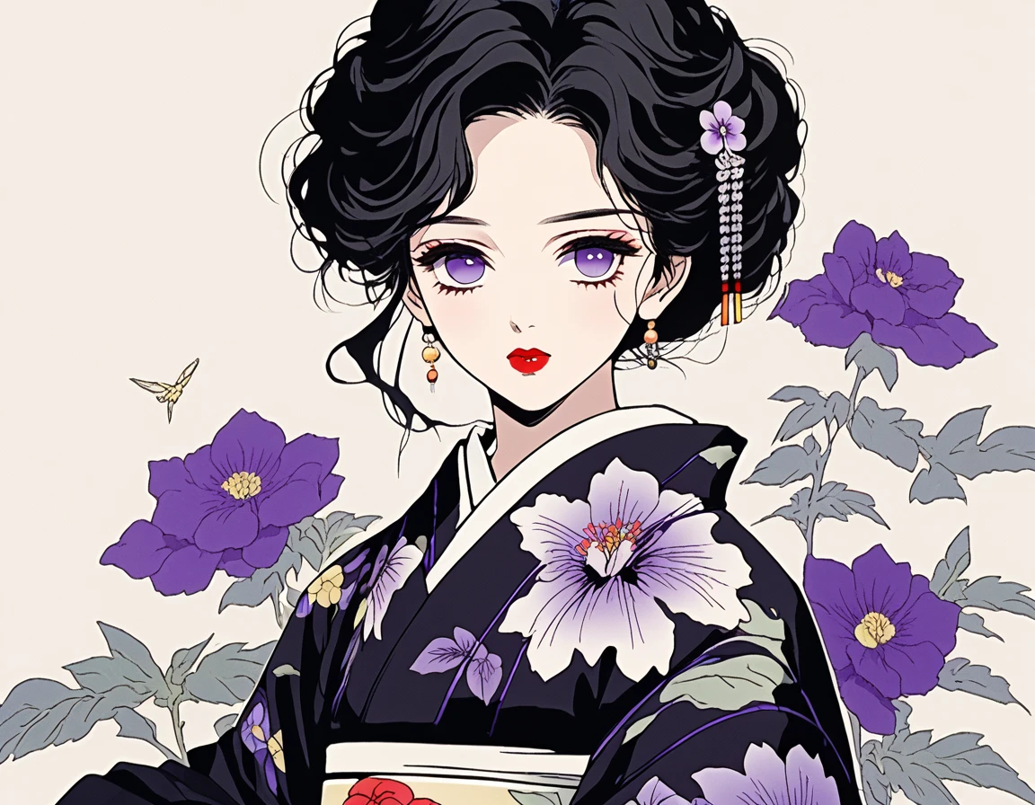 (Highest quality, sketch:1.2),Genuineistic,Illustrator,anime,1 girl, Detailed lips,custom,,Neon Hair,Texture Clipping,masterpiece, style: Retro Classic, Dark Black、、Black Hair、Fair skin、Genuine、cute、Purple eyes、Black kimono、A beautiful woman、アップstyleの髪、Gradient Background、Beautiful flowers bloom around her、Red lips、Black kimonoに赤い椿の柄