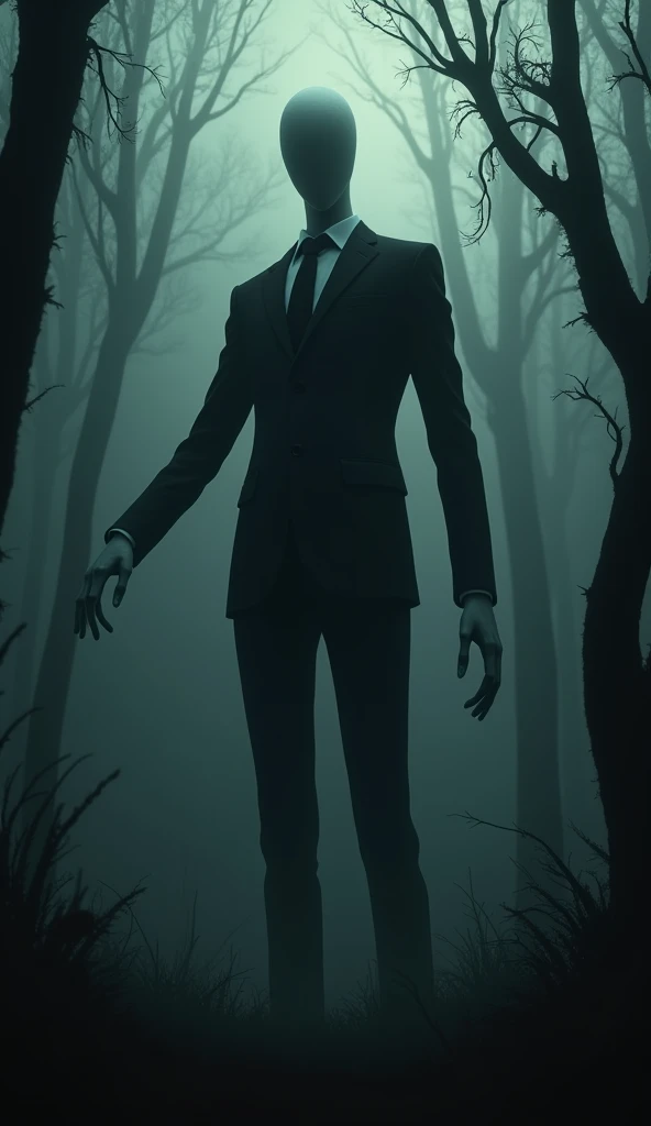 Slenderman,Pointing his hand towards the camera,3d,Real,Horrible atmosphere,In the dark forest