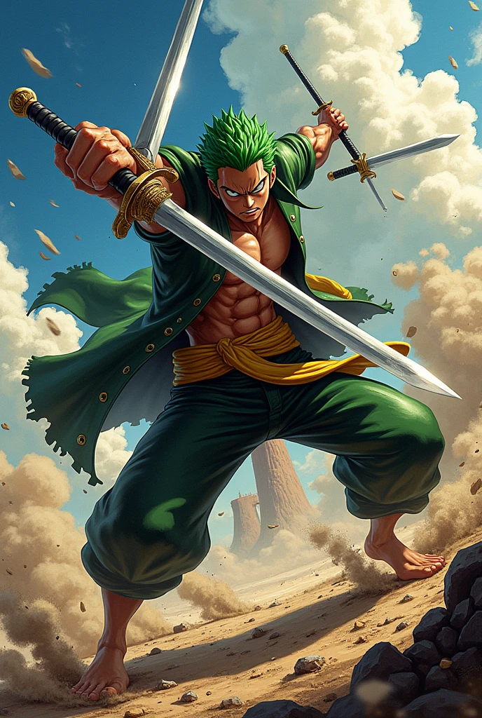 Illustration of the character Zoro from One Piece in attack position