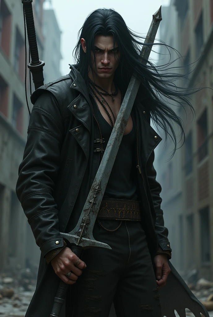 Emo male ps2 character with long black hair similar to devil may cry 3 with big sword and playstation 2 graphics