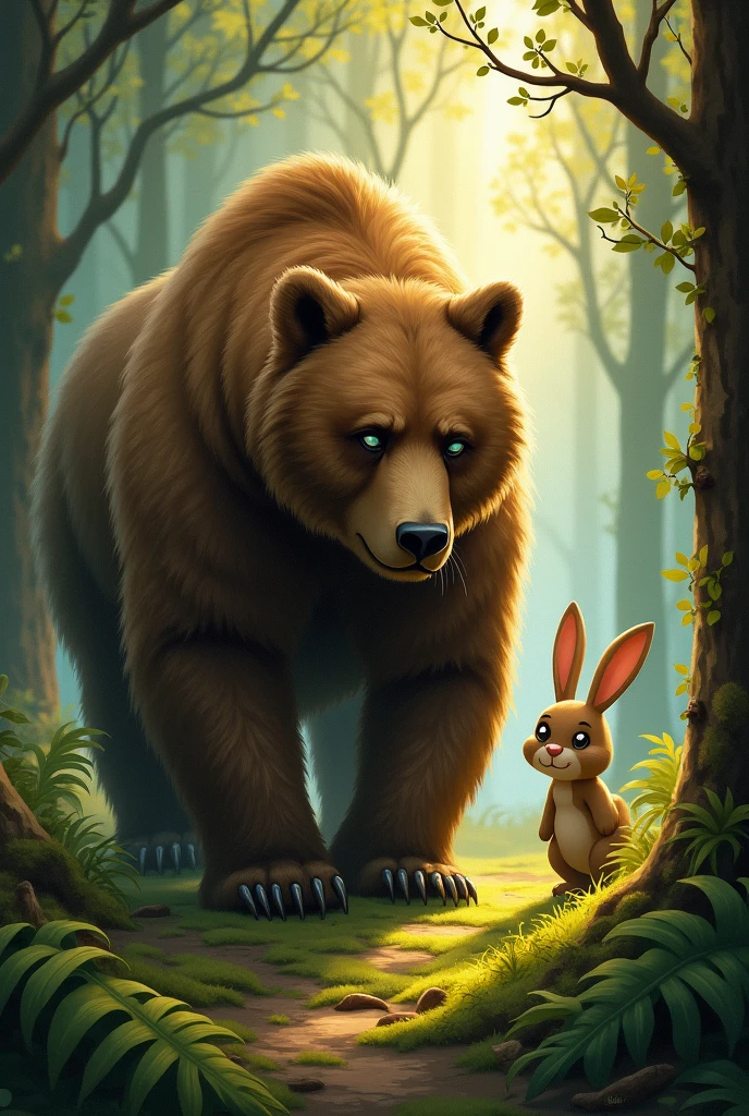 Create an image of a crying brown bear lost in the forest and a cartoon rabbit