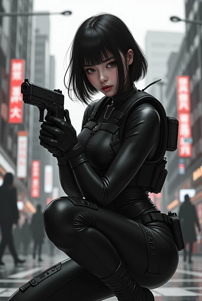 (masterpiece,Distinguished Quality,Mirror-like,Cinematic Experience,insanely detailed,absurdres),8k,wallpaper,,(Best illustrations:2.0),(One Woman:2.0),(Kitana:2.0),(Ghost in the Shell-style worldview:2.0),(Black tactical bodysuit:2.0),(Heavy black bulletproof vest:2.0),(Black gloves:2.0),(Short Bob:2.0),(Beautiful Eyes),(Detailed face),((updo hairstyle)),(Detailed female hand drawing:2.0),(sexy:2.0),(He kneels down and aims a pistol at me.:2.0),(Raise your right knee:2.0),(The background is Tokyo, where science and technology have developed.:2.0),(The background is drawn in monochrome:2.0),(sf:2.0)